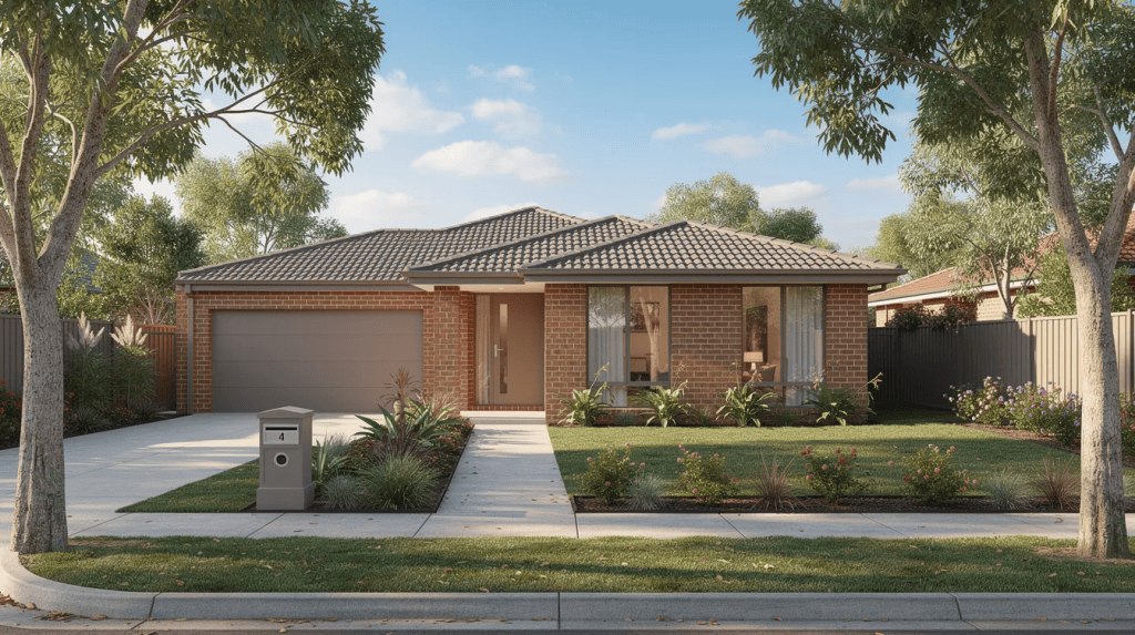 A contemporary single-storey brick family home on a tree-lined suburban street in Melbourne's northern suburbs with neat front garden and driveway, showcasing quality craftsmanship by Lalor builders.